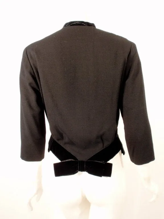 HOWARD GREER 1950s Black Wool Waist Jacket, Velvet Bows Size 6