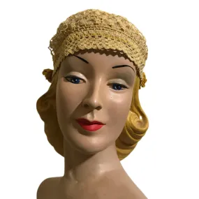 Ivory Lace Bow Trimmed Cap Hat circa Early 1900s