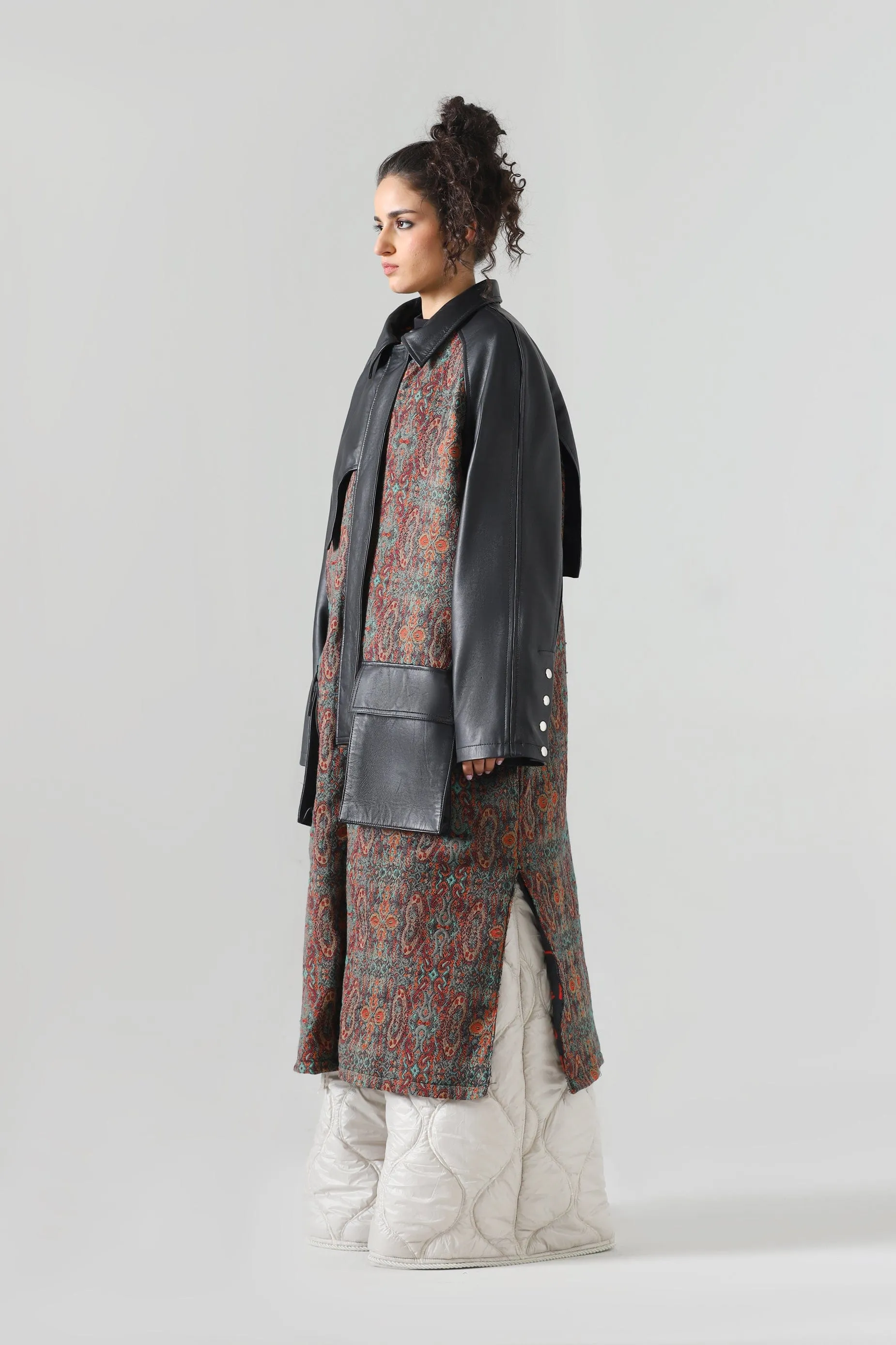 JAMAWAR LEATHER ACCENT LONG COAT