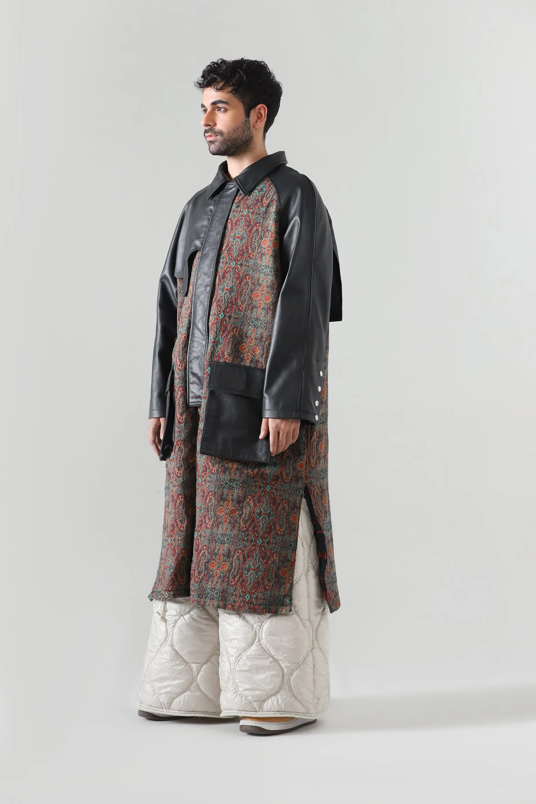 JAMAWAR LEATHER ACCENT LONG COAT