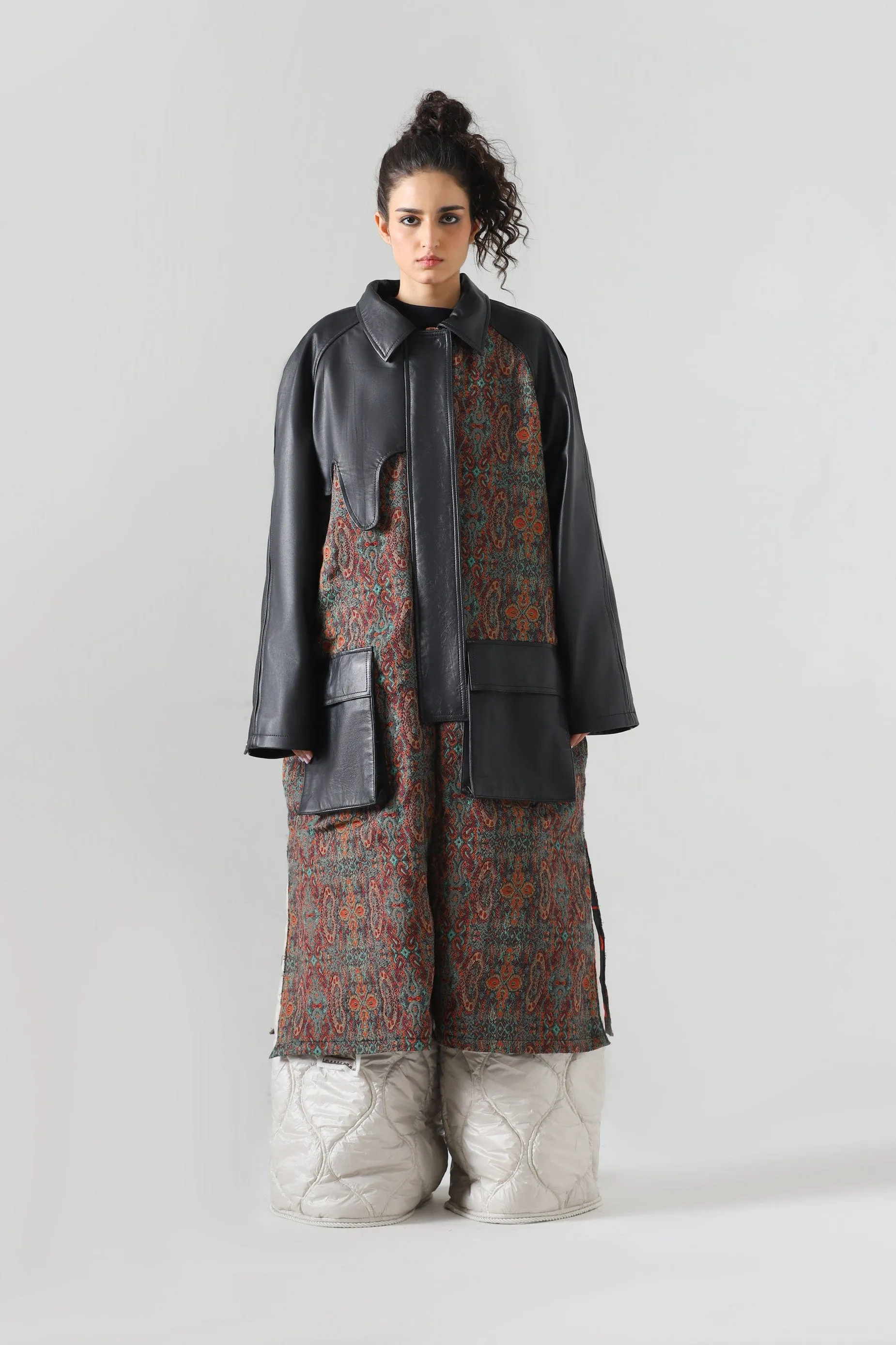 JAMAWAR LEATHER ACCENT LONG COAT