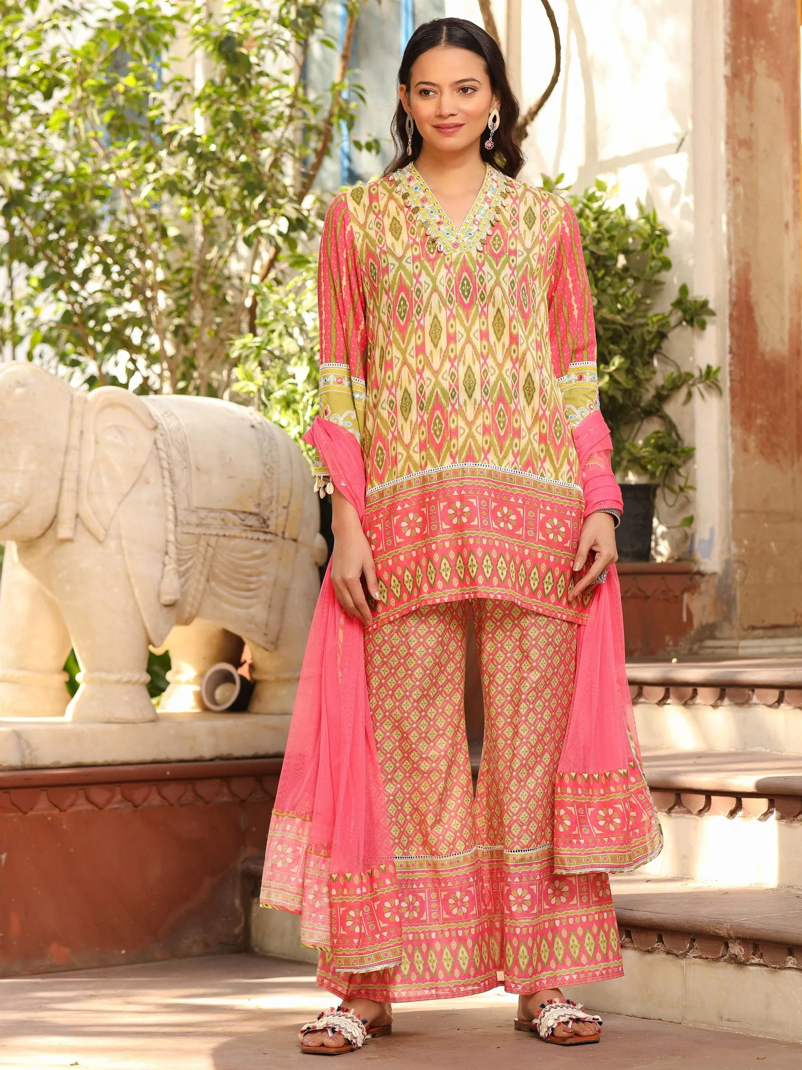 Juniper Green Cotton Ikat Printed Short Kurta Bell Bottom & Dupatta With Threaded Embroidery & Kaudis