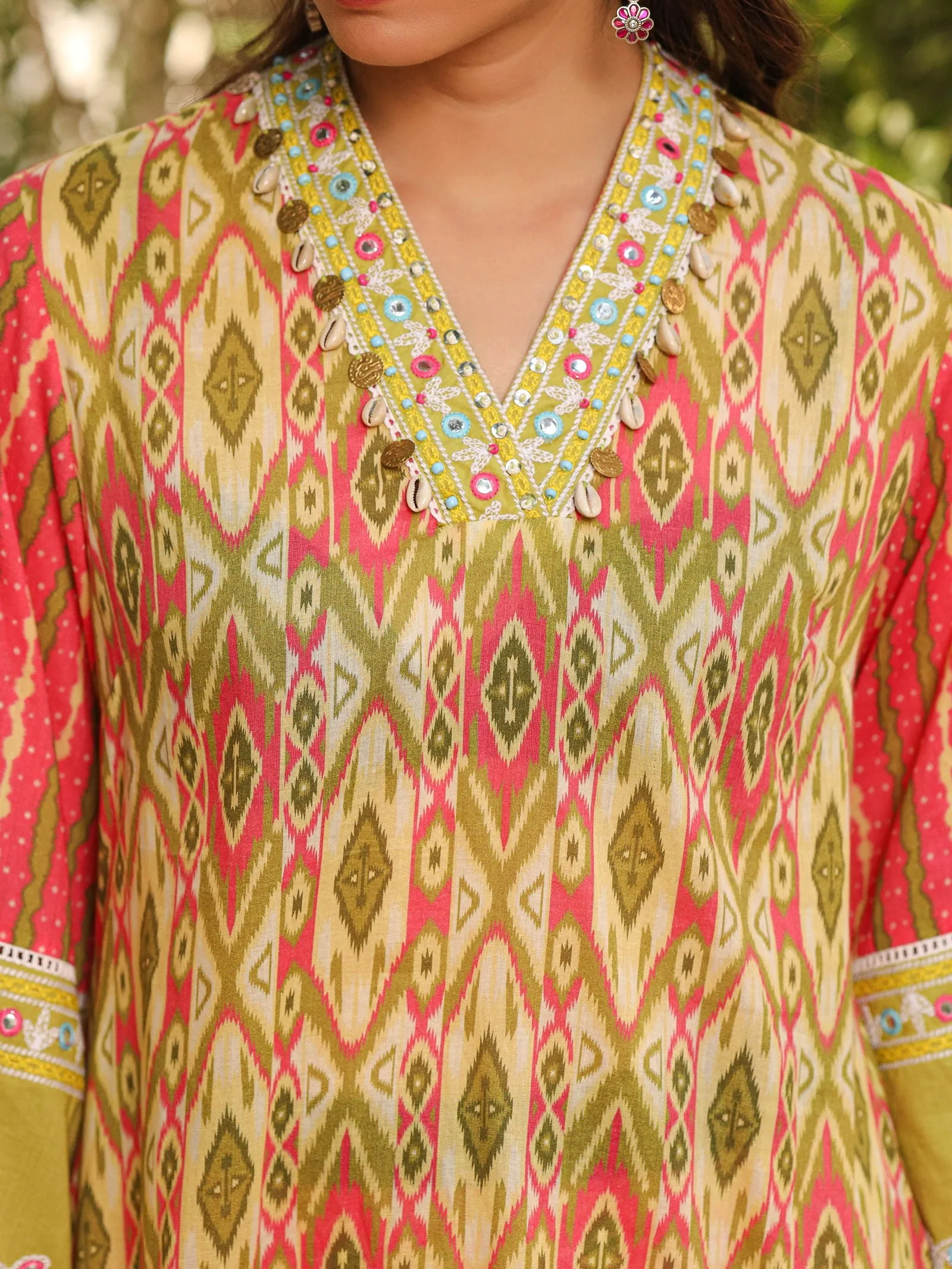 Juniper Green Cotton Ikat Printed Short Kurta Bell Bottom & Dupatta With Threaded Embroidery & Kaudis