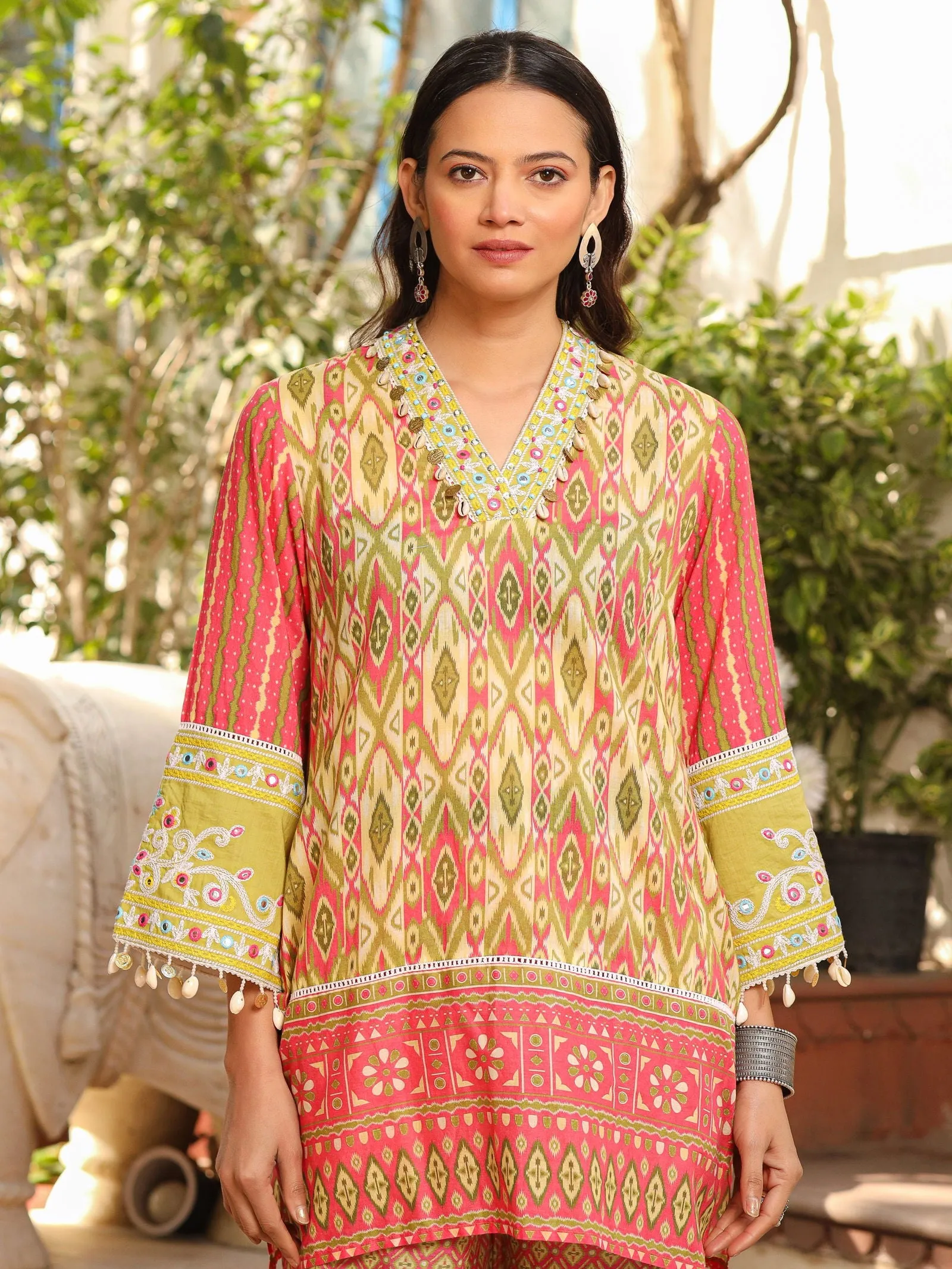 Juniper Green Cotton Ikat Printed Short Kurta Bell Bottom & Dupatta With Threaded Embroidery & Kaudis