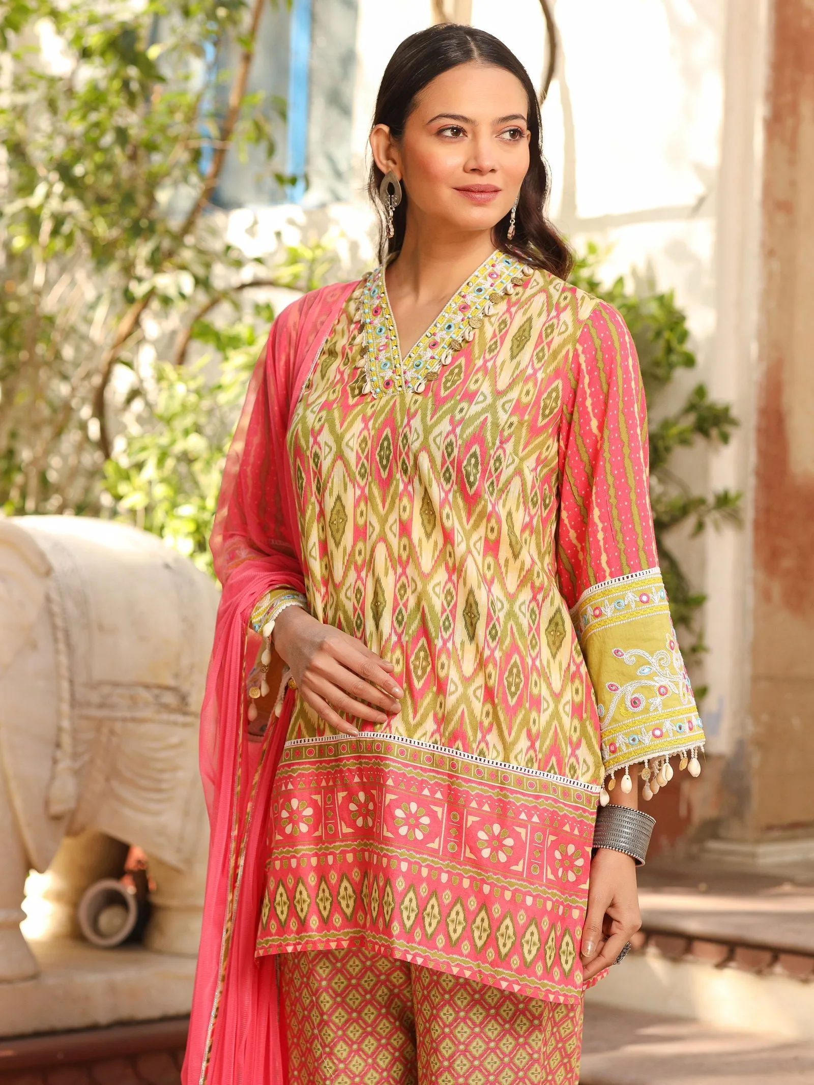 Juniper Green Cotton Ikat Printed Short Kurta Bell Bottom & Dupatta With Threaded Embroidery & Kaudis