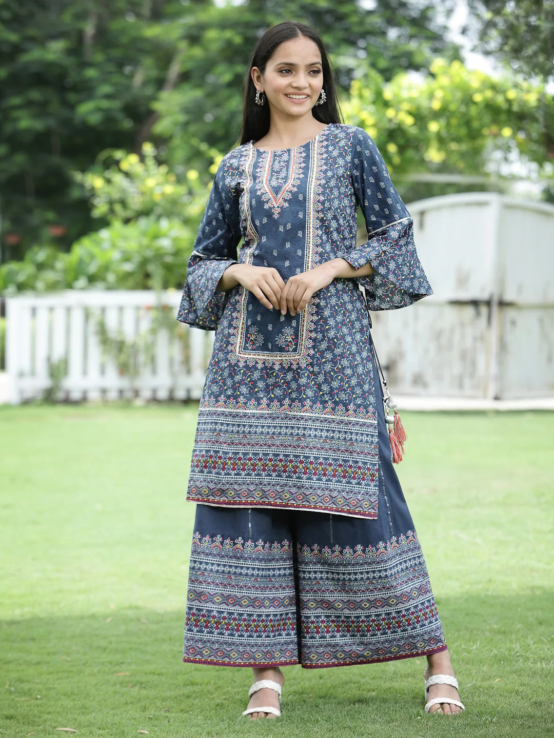 Juniper Indigo Floral Printed Pure Cotton Kurta & Palazzo Set