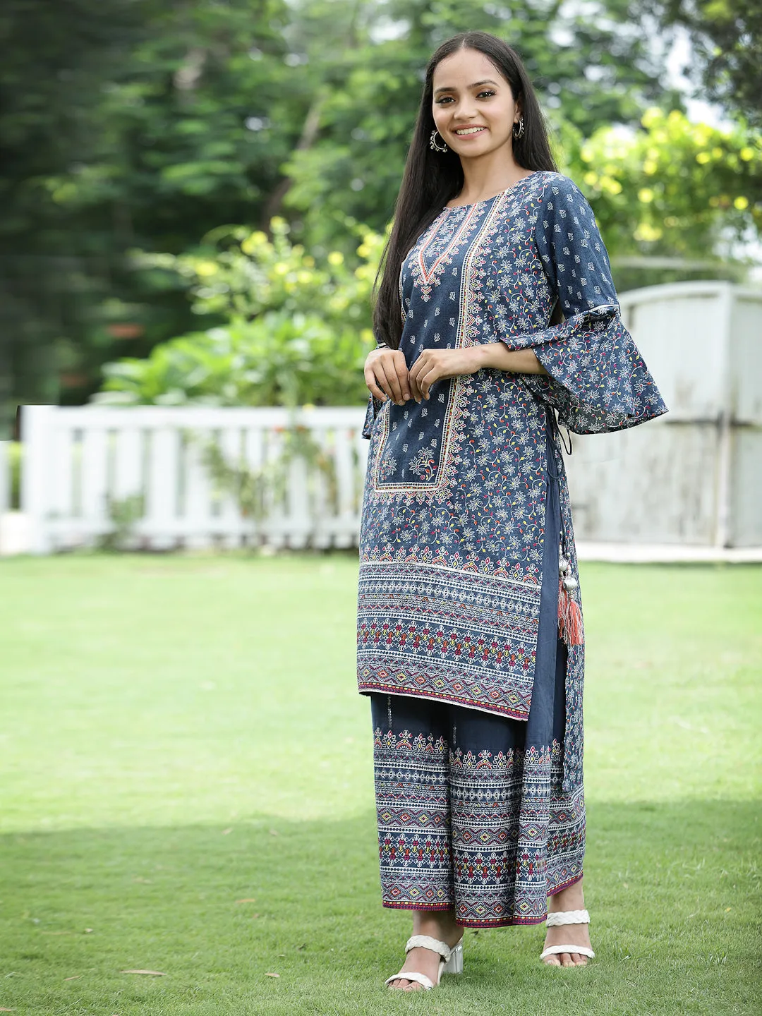 Juniper Indigo Floral Printed Pure Cotton Kurta & Palazzo Set