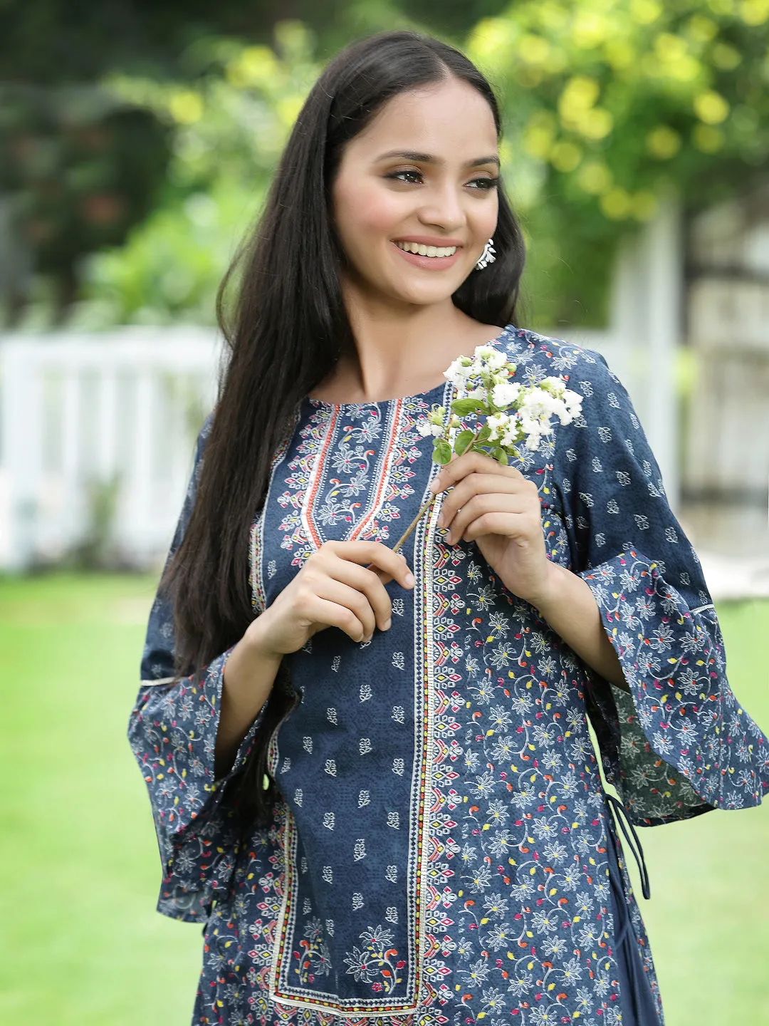 Juniper Indigo Floral Printed Pure Cotton Kurta & Palazzo Set