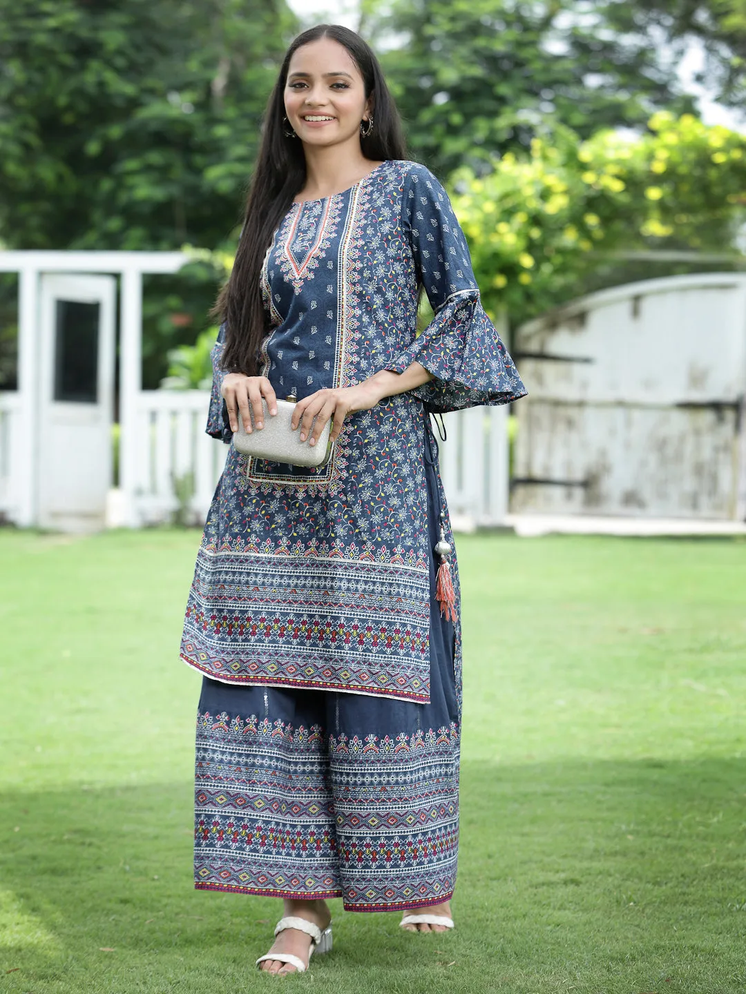 Juniper Indigo Floral Printed Pure Cotton Kurta & Palazzo Set