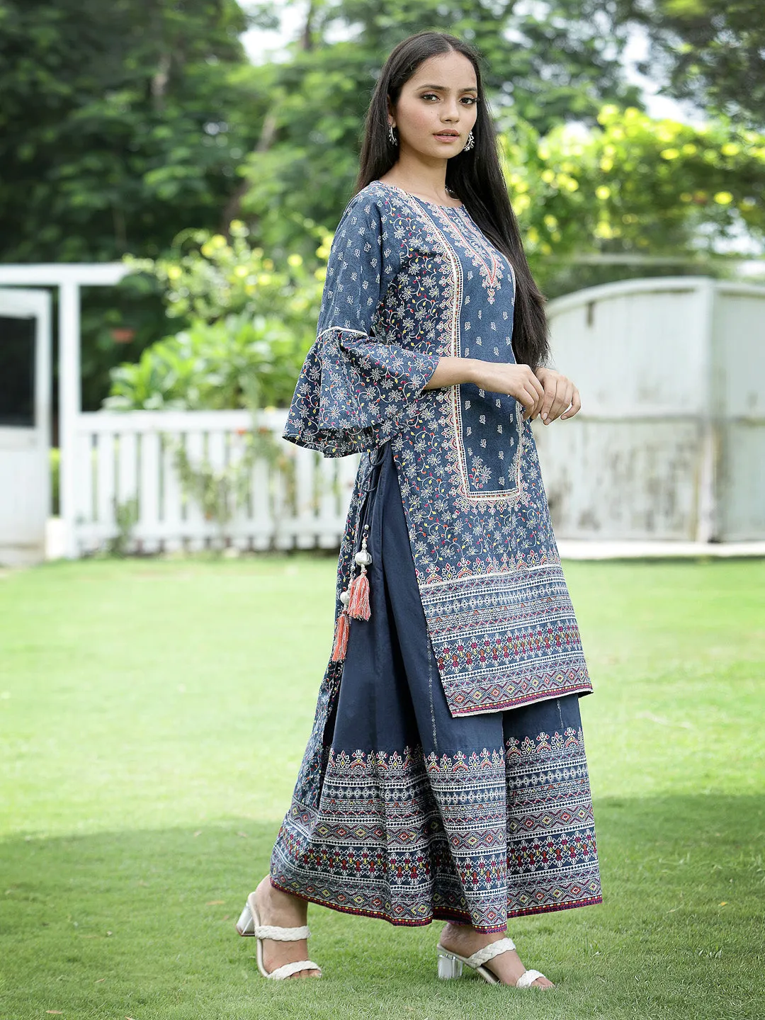 Juniper Indigo Floral Printed Pure Cotton Kurta & Palazzo Set