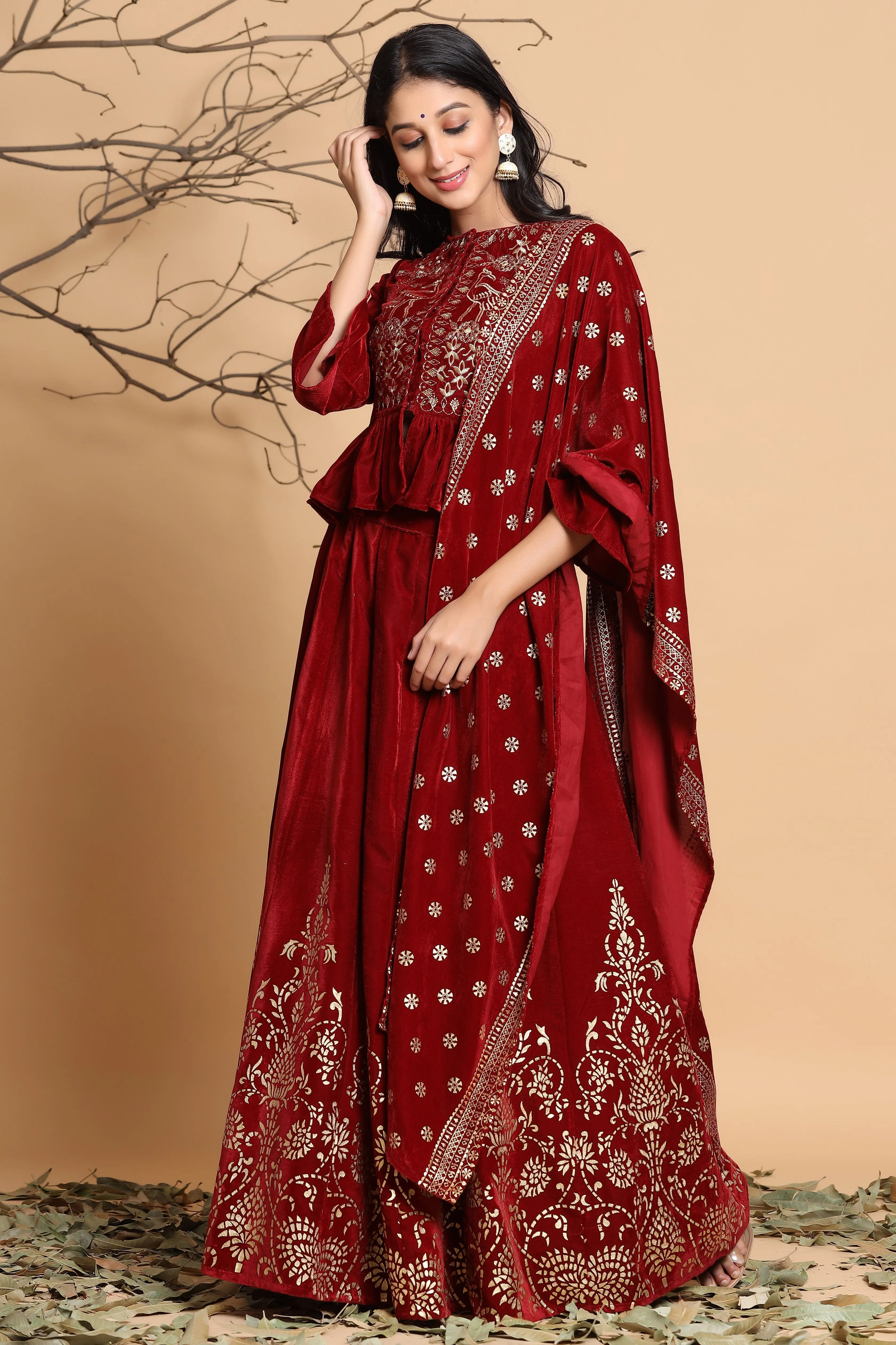 Juniper Maroon Velvet Ethnic Motif Printed Lehenga Choli & Dupatta Set