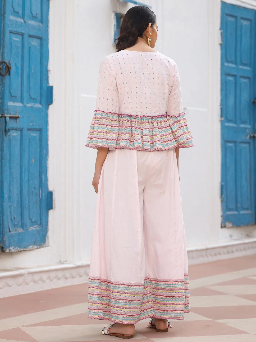 Juniper Pink Floral Printed Peplum Co-Ord Set With Kantha Work & Beads