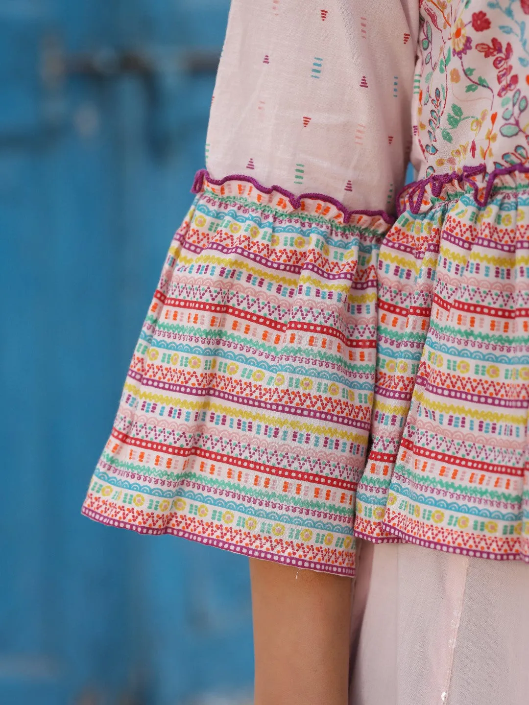 Juniper Pink Floral Printed Peplum Co-Ord Set With Kantha Work & Beads