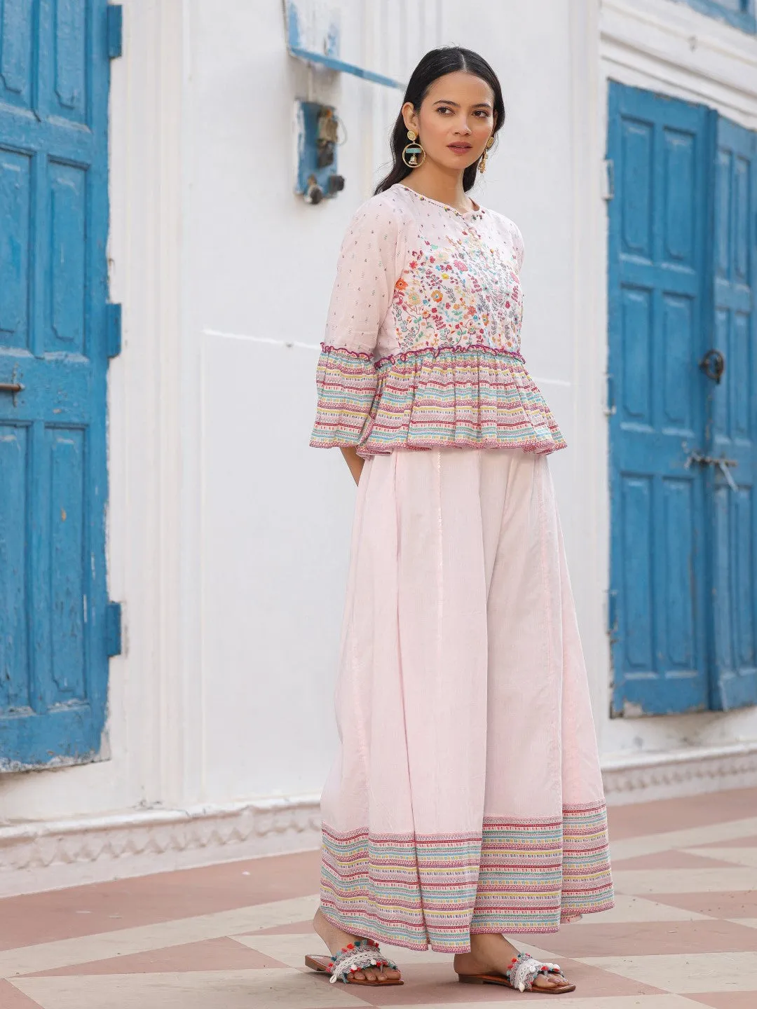 Juniper Pink Floral Printed Peplum Co-Ord Set With Kantha Work & Beads