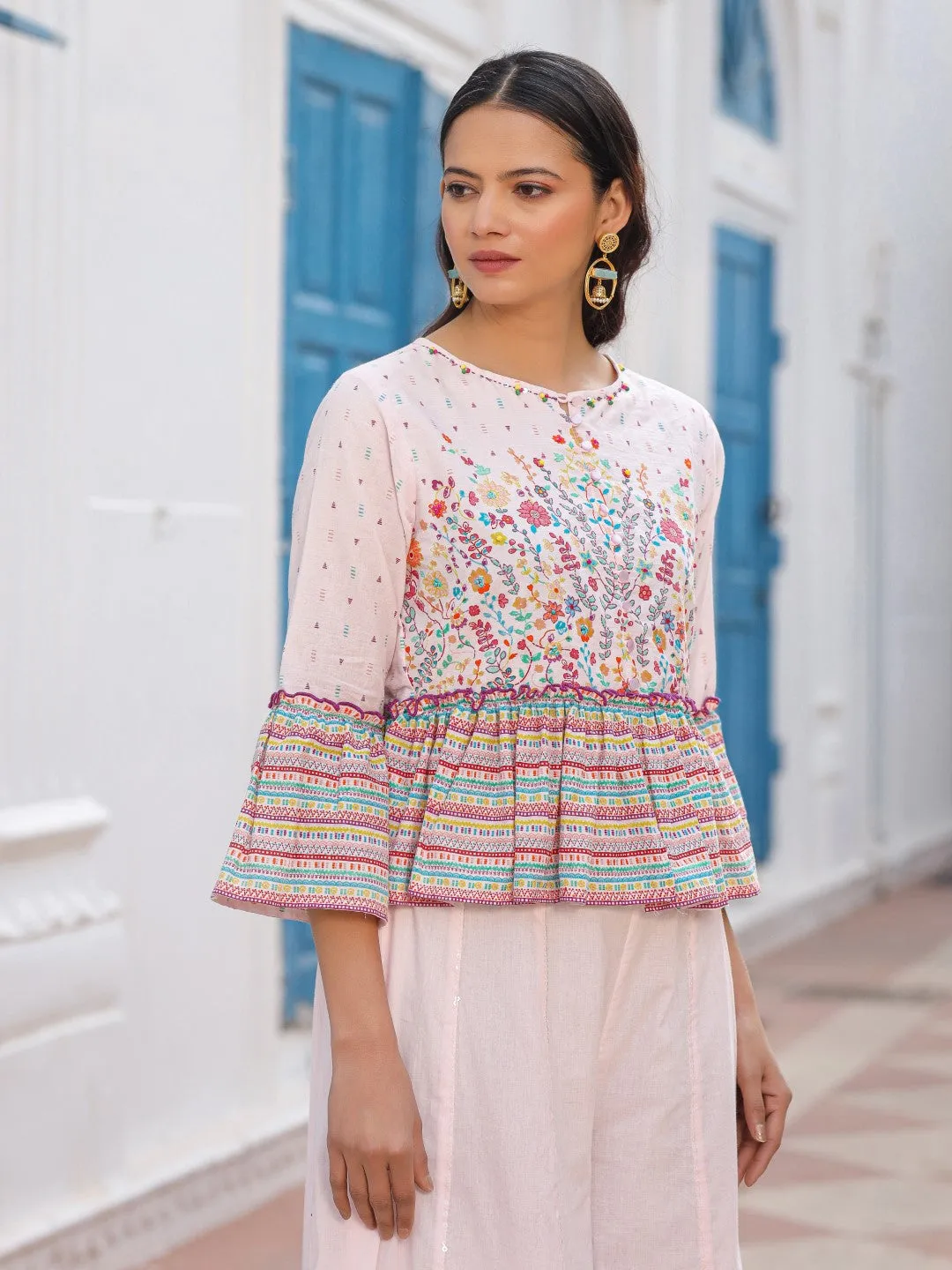 Juniper Pink Floral Printed Peplum Co-Ord Set With Kantha Work & Beads