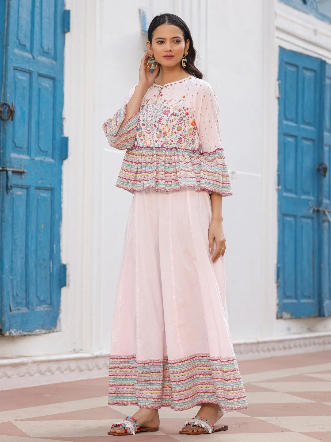 Juniper Pink Floral Printed Peplum Co-Ord Set With Kantha Work & Beads