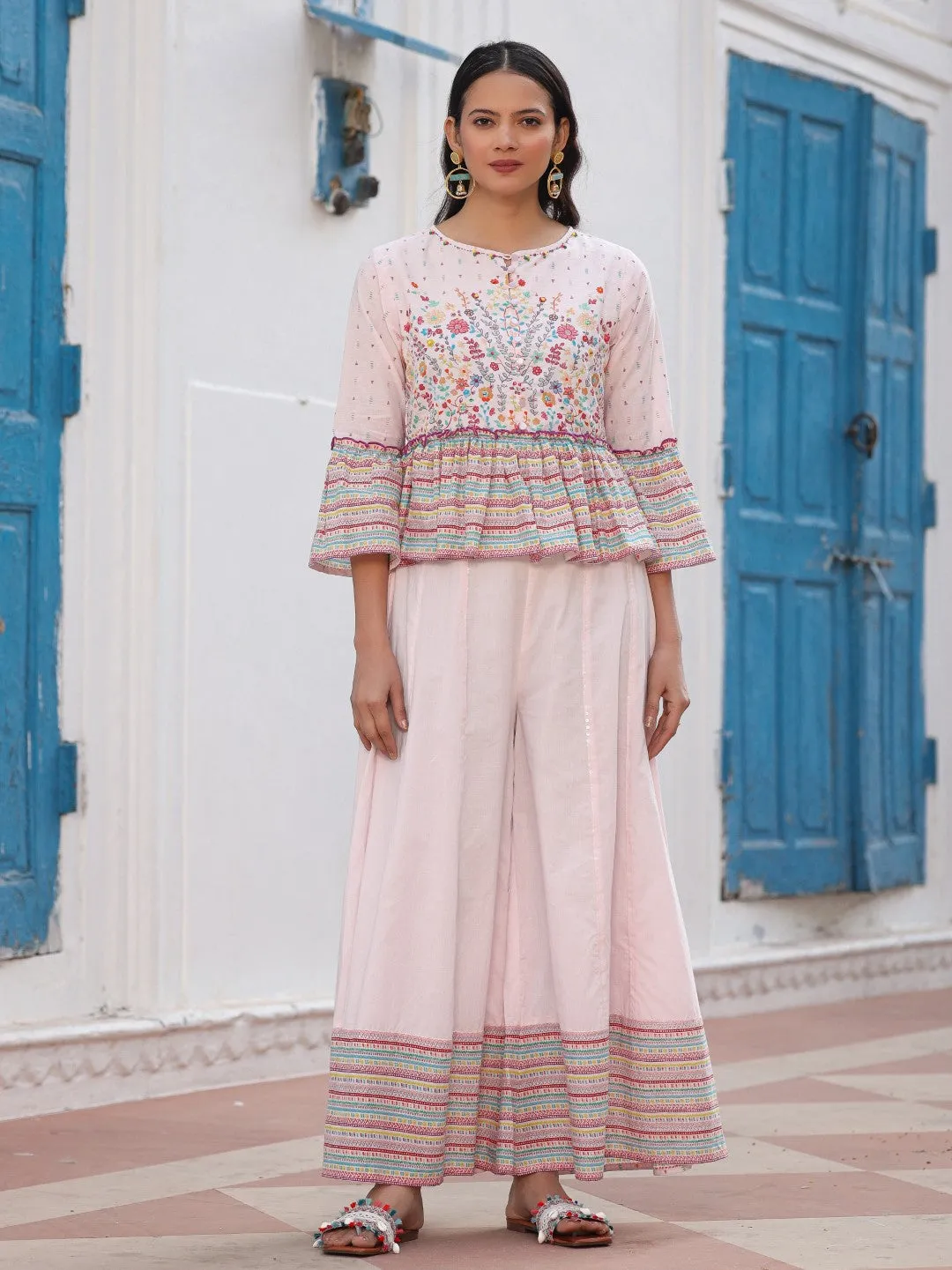 Juniper Pink Floral Printed Peplum Co-Ord Set With Kantha Work & Beads