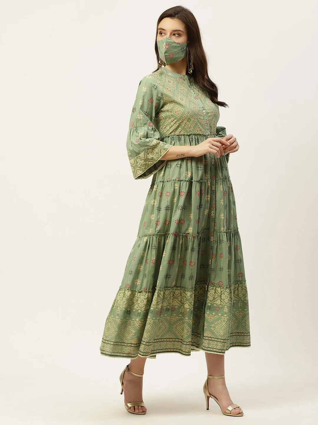 Juniper Pista Green Geometric Printed Pure Cotton Tiered Maxi Dress.