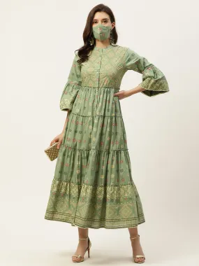 Juniper Pista Green Geometric Printed Pure Cotton Tiered Maxi Dress.