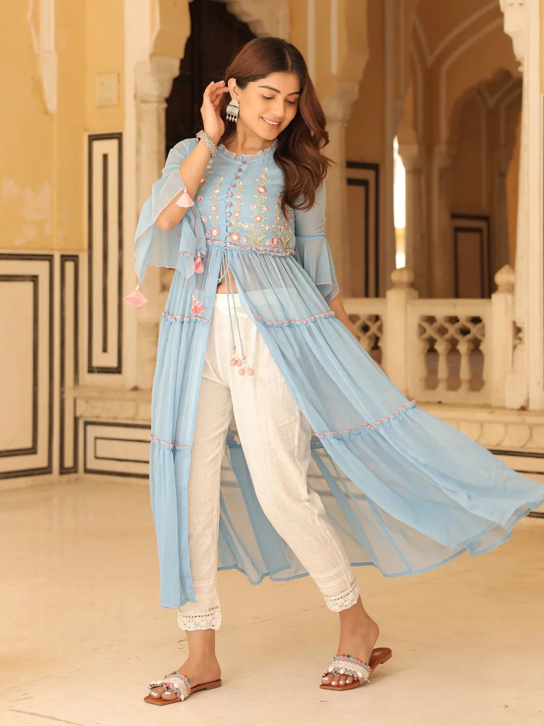 Juniper Powder Blue Chiffon Floral Embroidered Tiered Kurta With Pants (2-Pcs)