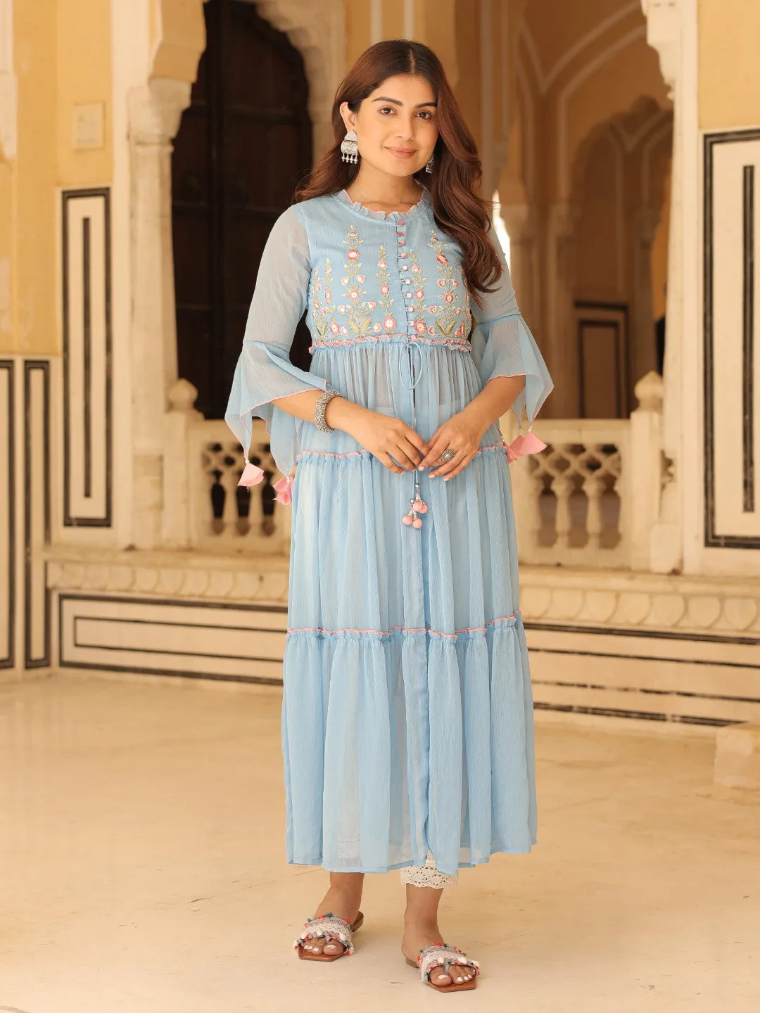 Juniper Powder Blue Chiffon Floral Embroidered Tiered Kurta With Pants (2-Pcs)