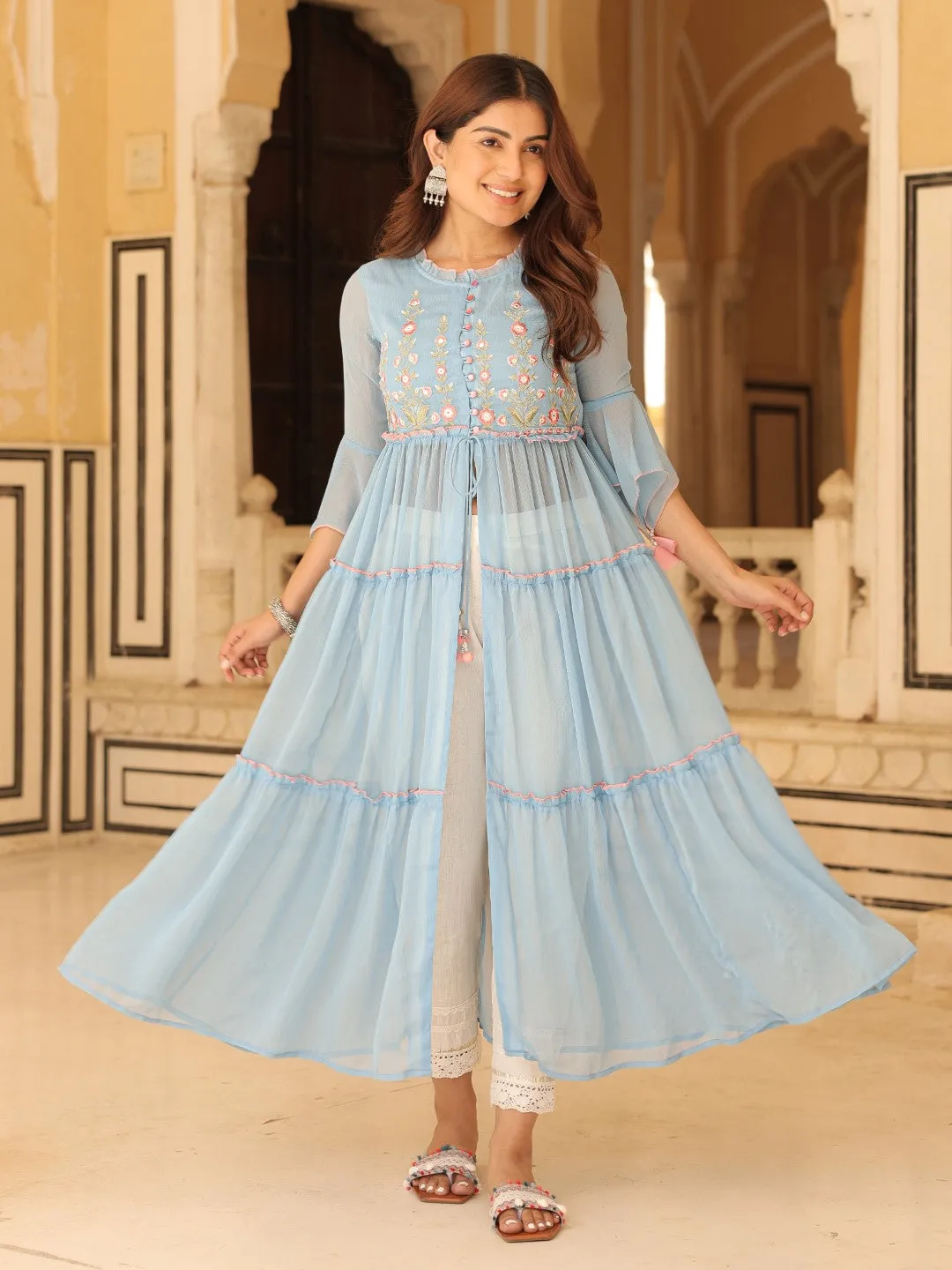 Juniper Powder Blue Chiffon Floral Embroidered Tiered Kurta With Pants (2-Pcs)