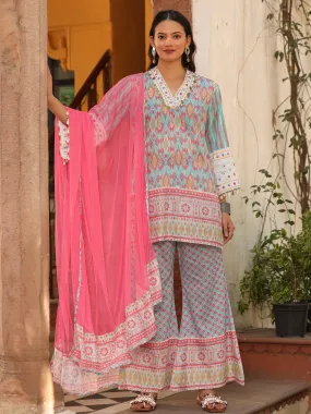 Juniper Sky Blue Ikat Printed Cotton Voile Kurta Bell Bottom & Dupatta Set  With Coins Kaudi & Mirror Work