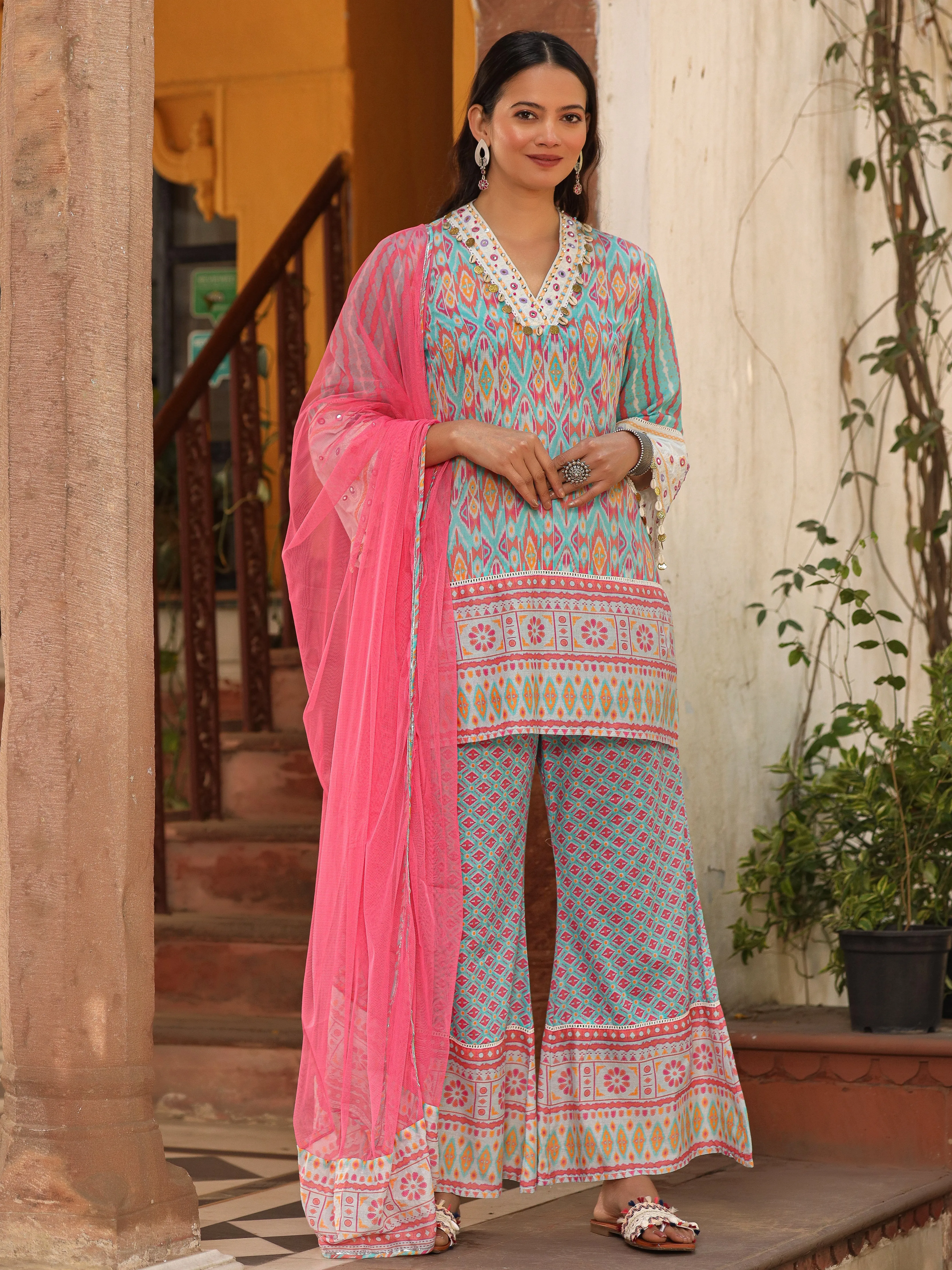 Juniper Sky Blue Ikat Printed Cotton Voile Kurta Bell Bottom & Dupatta Set  With Coins Kaudi & Mirror Work