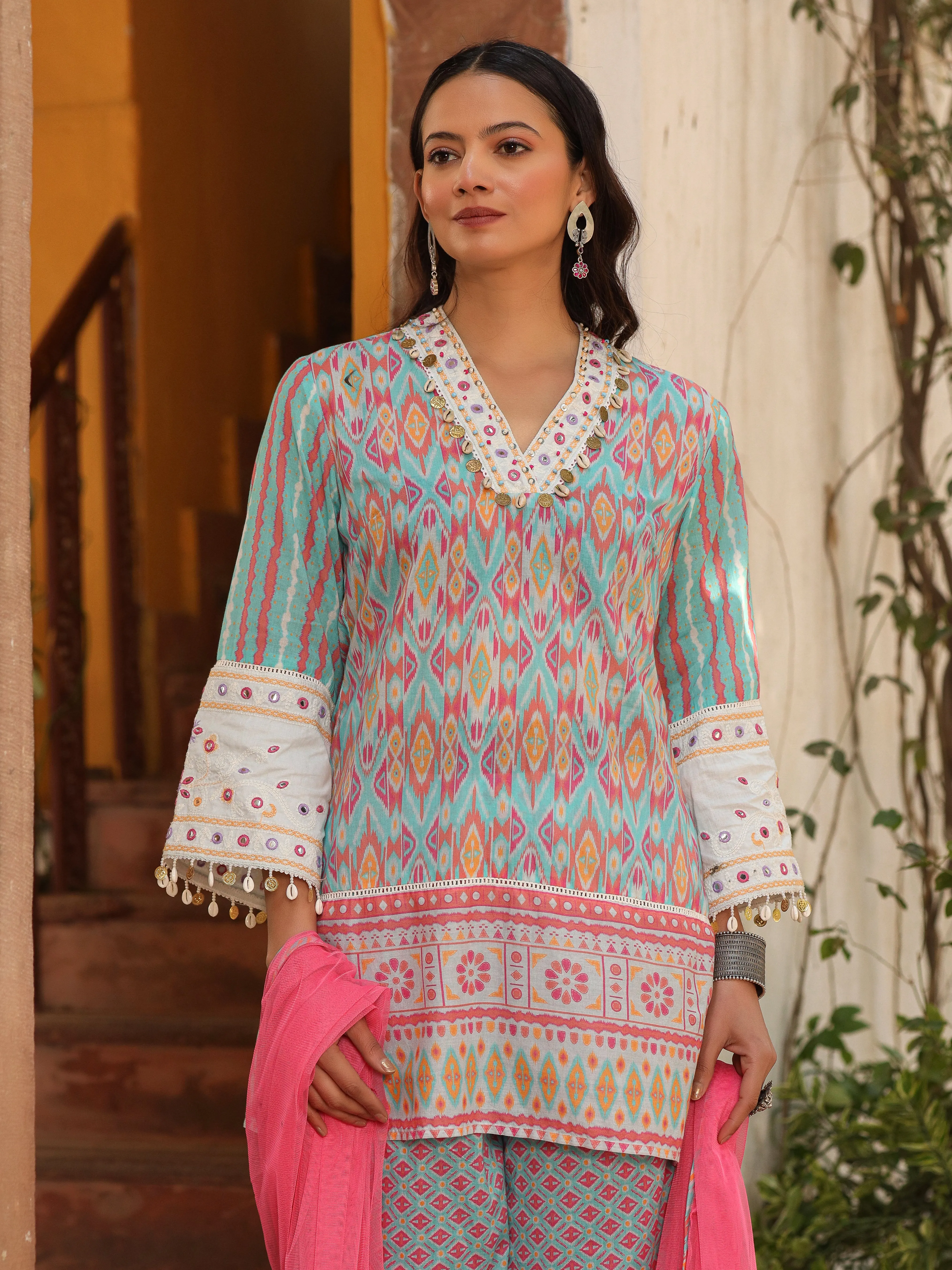 Juniper Sky Blue Ikat Printed Cotton Voile Kurta Bell Bottom & Dupatta Set  With Coins Kaudi & Mirror Work