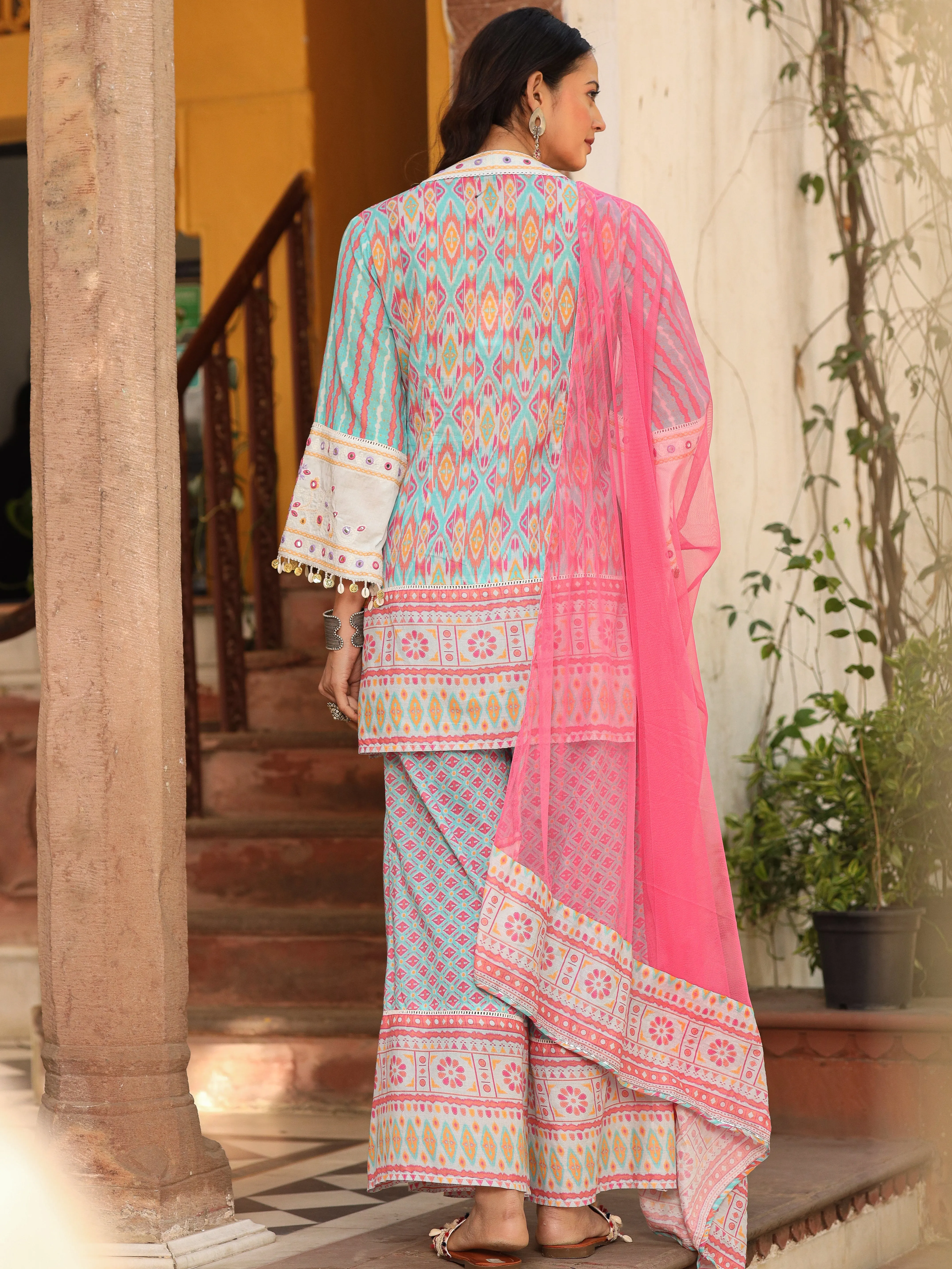 Juniper Sky Blue Ikat Printed Cotton Voile Kurta Bell Bottom & Dupatta Set  With Coins Kaudi & Mirror Work