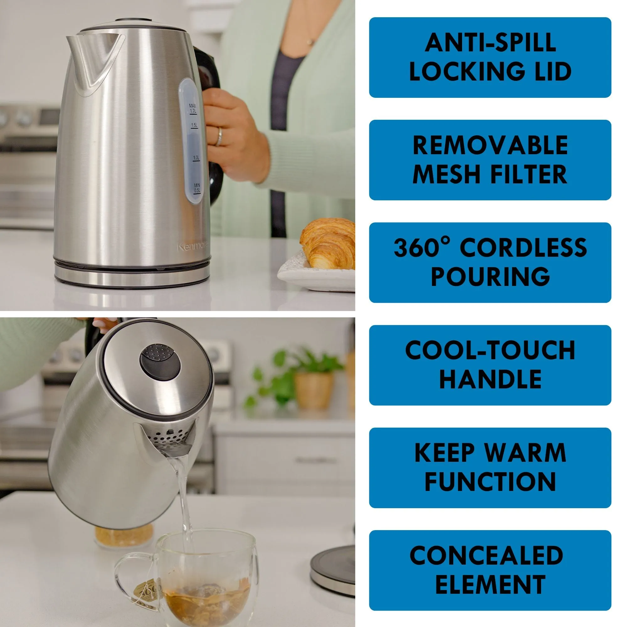 Kenmore 1.7L Cordless Electric Kettle w/ 6 Temperature Pre-Sets, Stainless Steel Teakettle w/ LED light, Auto Shut-Off, Keep Warm, Boil-Dry Protection, Silver