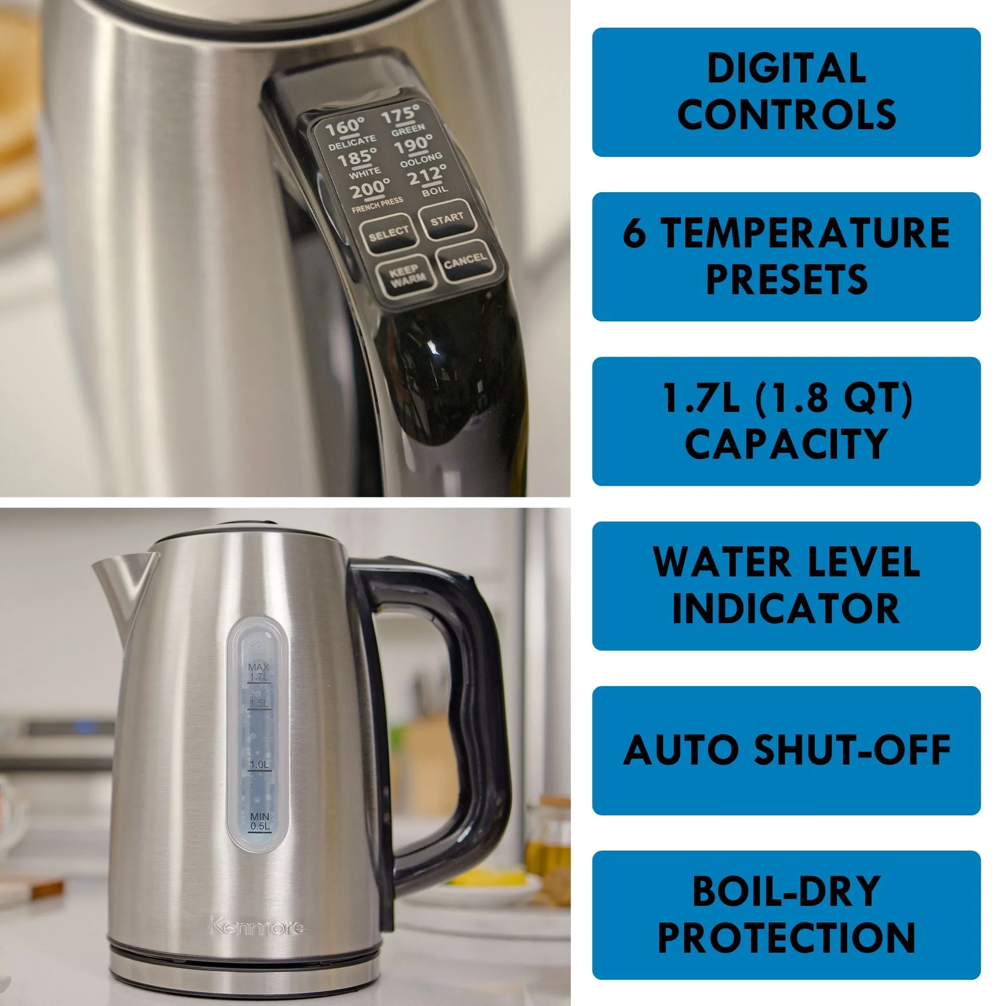 Kenmore 1.7L Cordless Electric Kettle w/ 6 Temperature Pre-Sets, Stainless Steel Teakettle w/ LED light, Auto Shut-Off, Keep Warm, Boil-Dry Protection, Silver