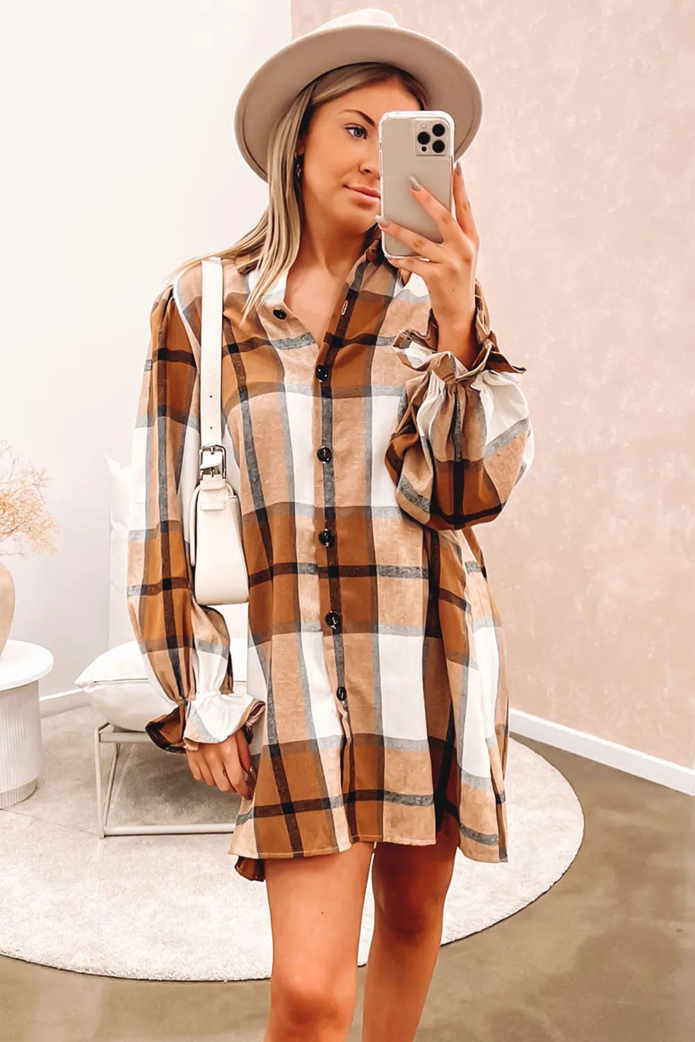 Khaki Plaid Pattern Collared Neck Ruffled Sleeve Shirt Dress