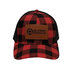 Leather Patch Plaid Trucker Hat w/ Black Mesh & Snapback