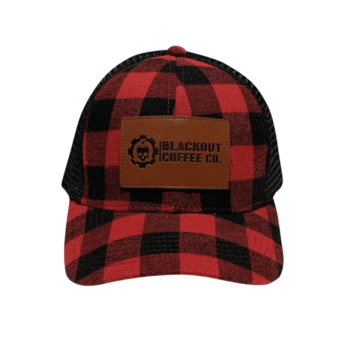 Leather Patch Plaid Trucker Hat w/ Black Mesh & Snapback