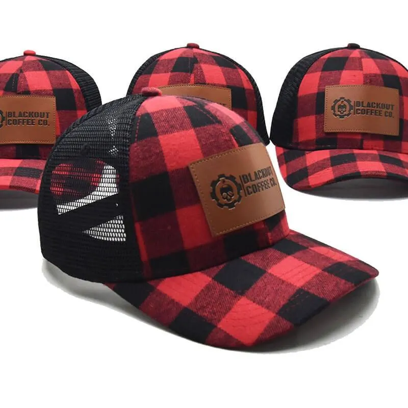 Leather Patch Plaid Trucker Hat w/ Black Mesh & Snapback