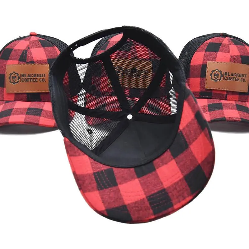 Leather Patch Plaid Trucker Hat w/ Black Mesh & Snapback