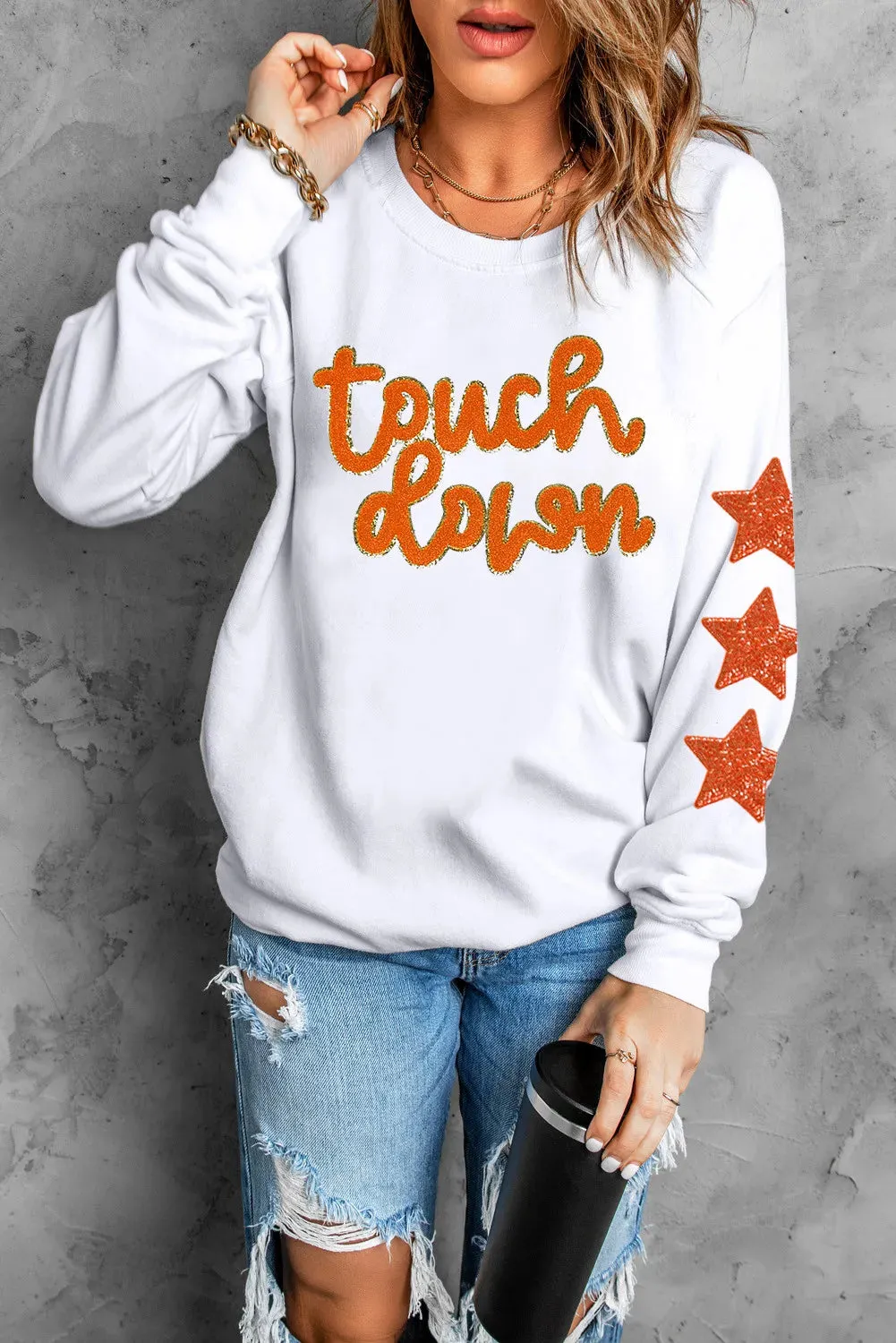 Letter & Star Round Neck Long Sleeve Sweatshirt