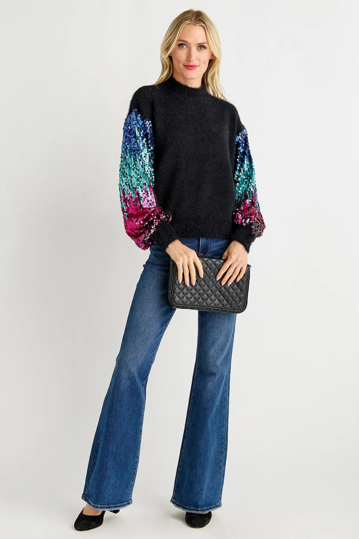 Listicle Sequin Sleeve Fuzzy Knit Pullover Sweater