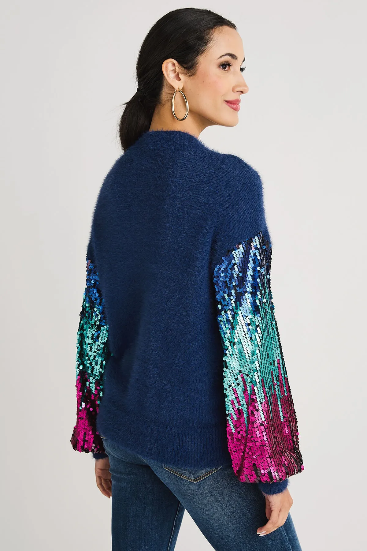 Listicle Sequin Sleeve Fuzzy Knit Pullover Sweater