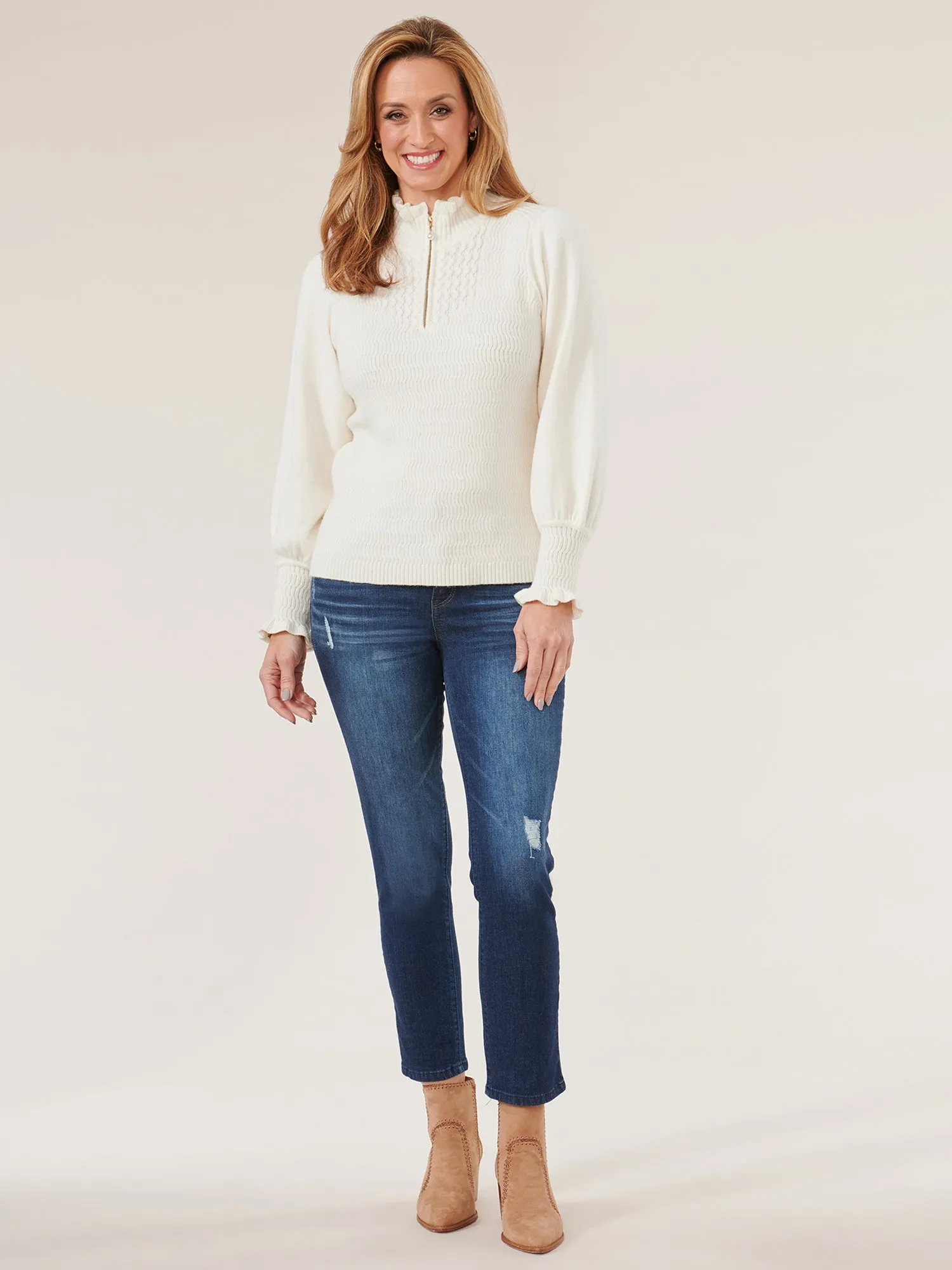 Long Blouson Sleeve Half Zip Placket Mock Neck Sweater