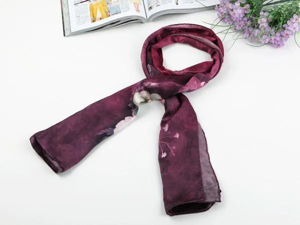 Long Charmeuse Silk Scarf Burgundy Theme Flower Pattern Digitally Printed DCC004