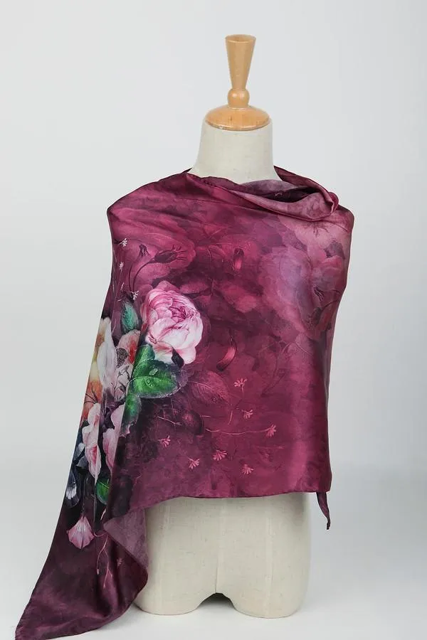 Long Charmeuse Silk Scarf Burgundy Theme Flower Pattern Digitally Printed DCC004