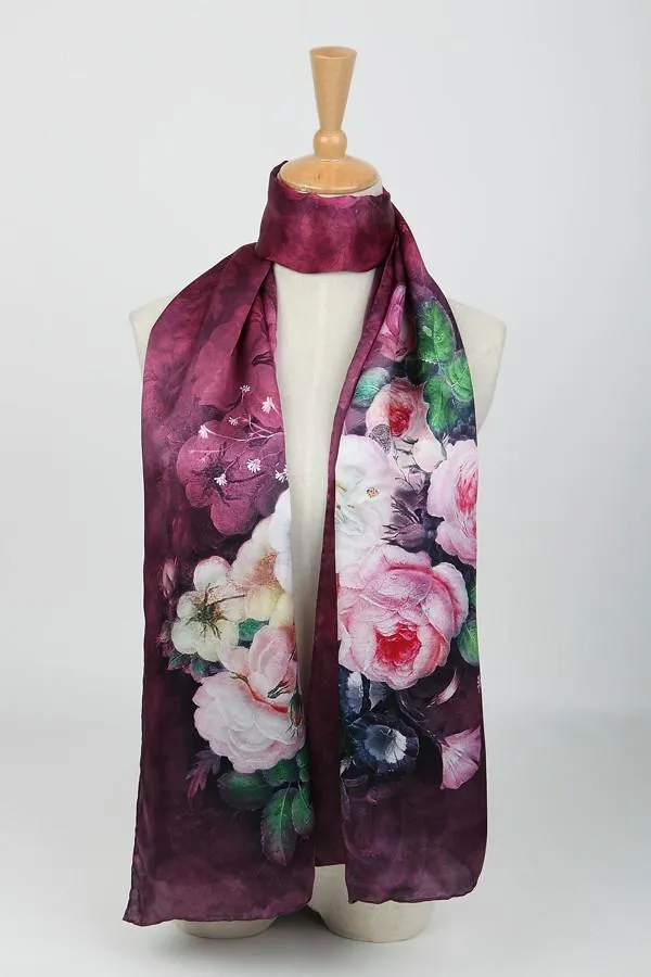 Long Charmeuse Silk Scarf Burgundy Theme Flower Pattern Digitally Printed DCC004