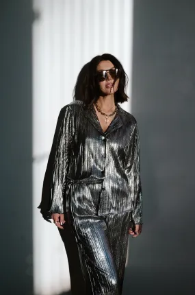 Long Sleeve Metallic Plissé Set in Gunmetal