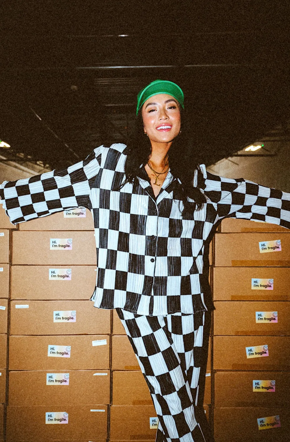 Long Sleeve Plissé Set in Checkerboard