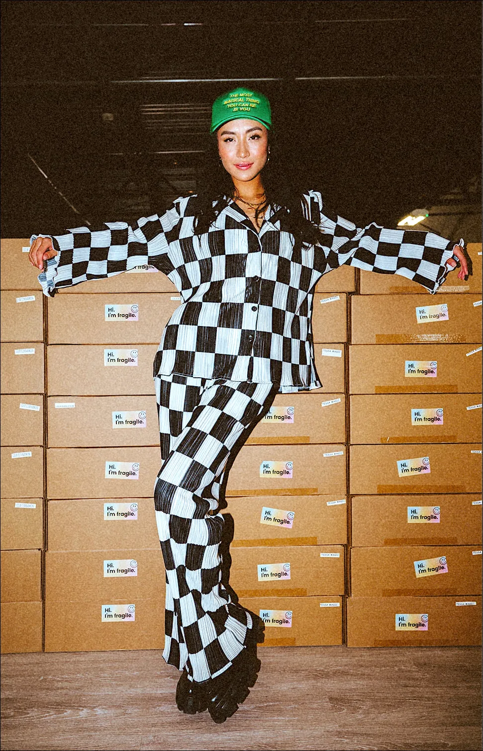 Long Sleeve Plissé Set in Checkerboard