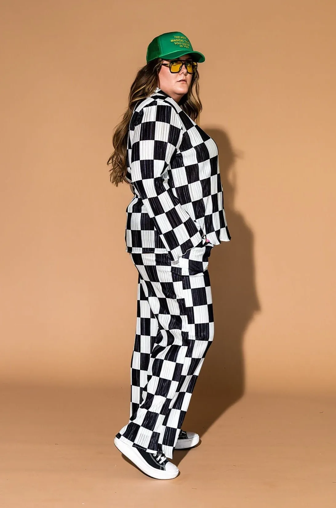 Long Sleeve Plissé Set in Checkerboard