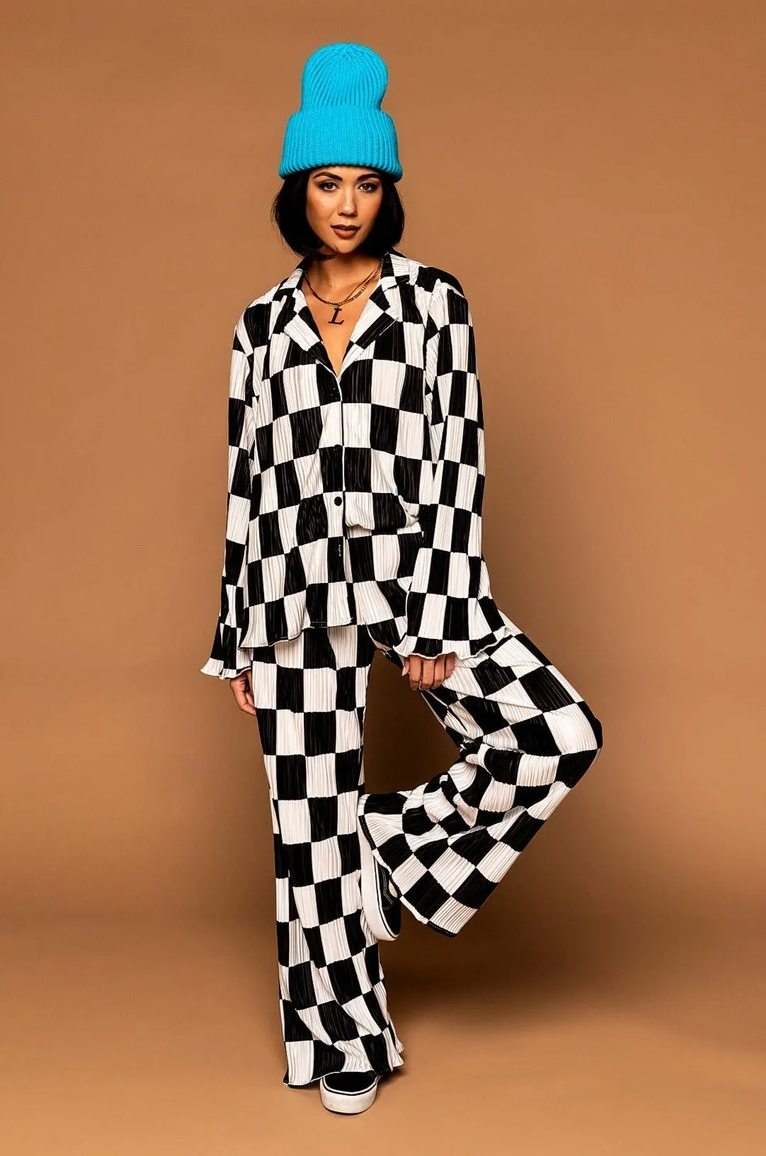 Long Sleeve Plissé Set in Checkerboard