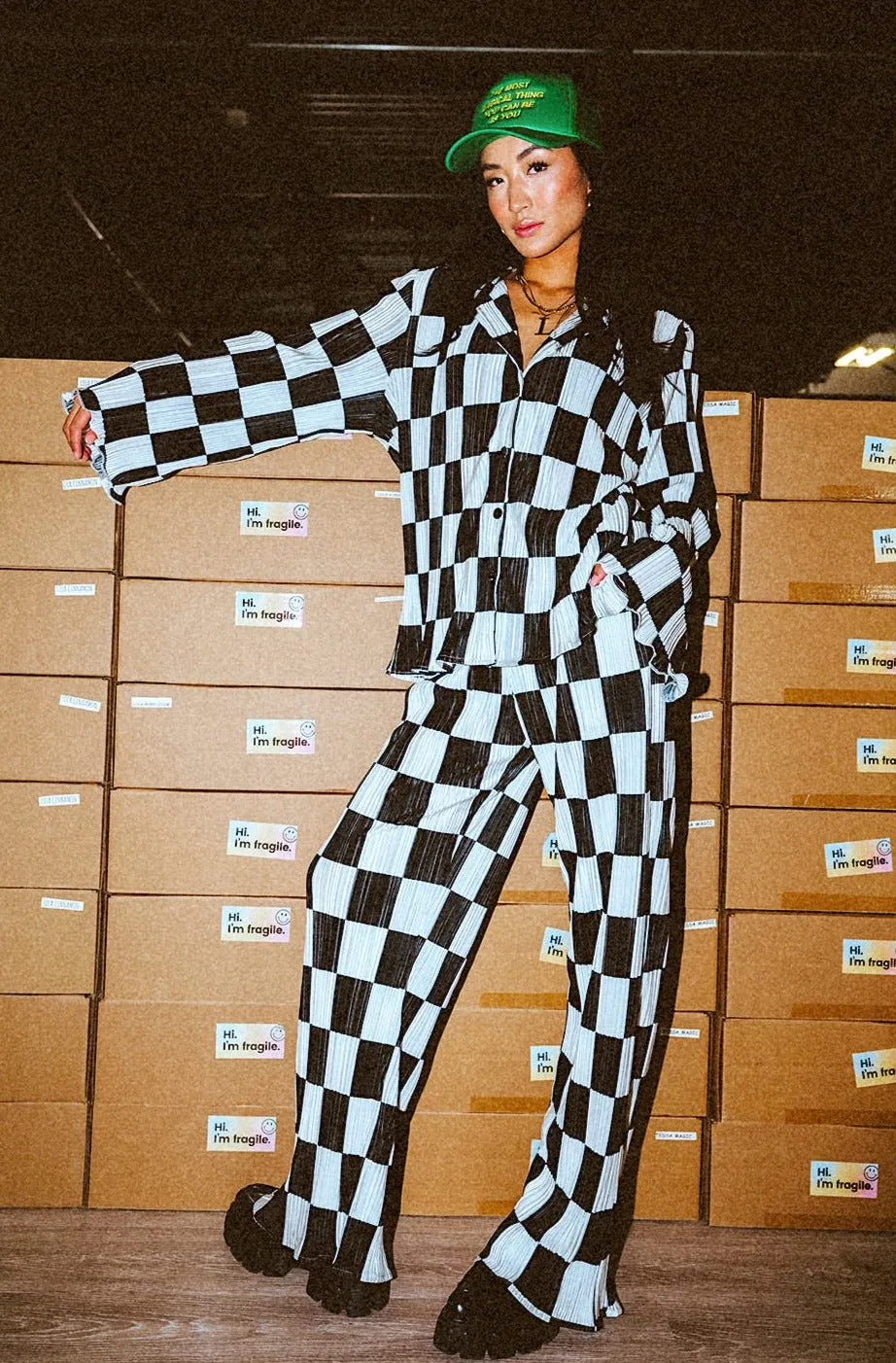 Long Sleeve Plissé Set in Checkerboard